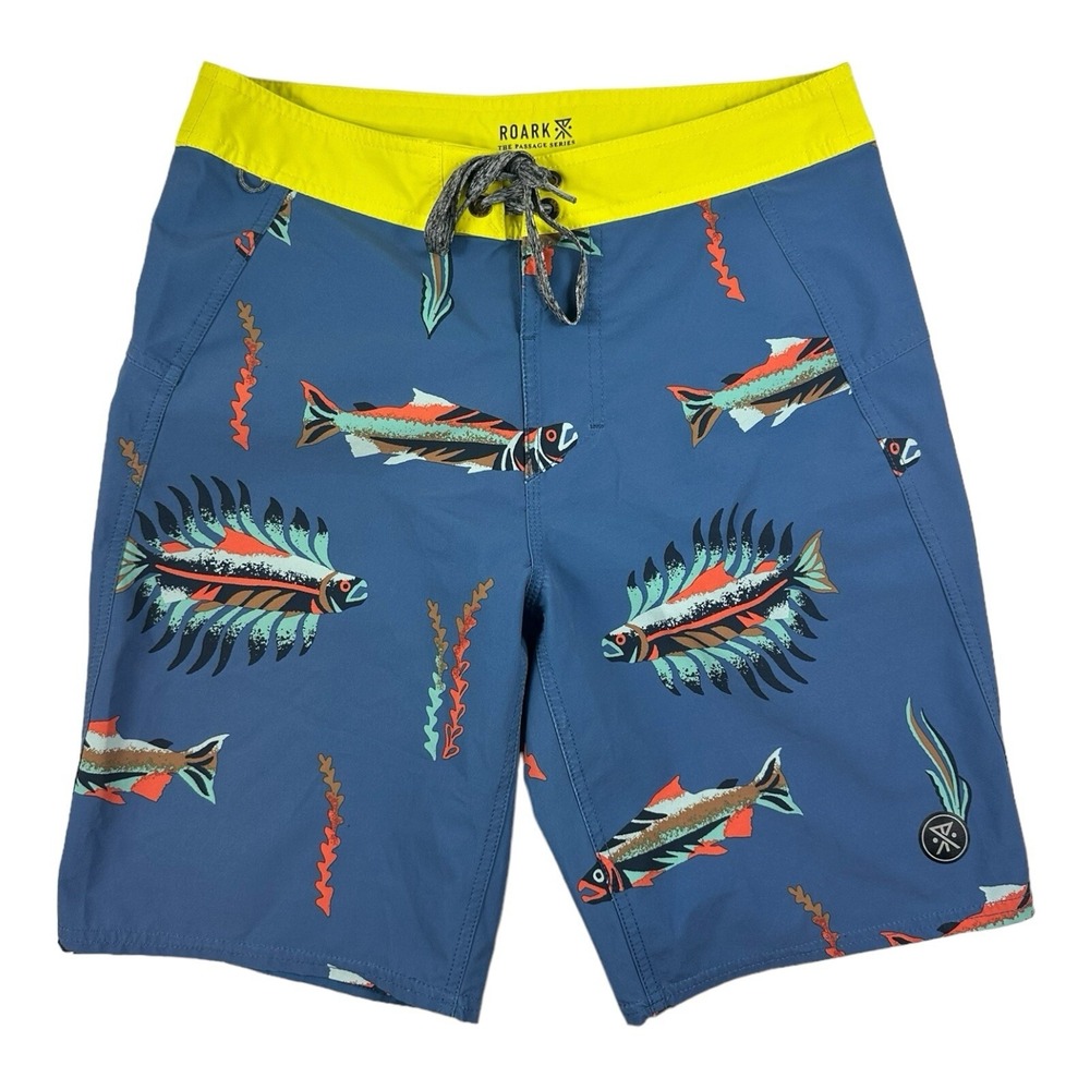 Roark Passage Series Fish AOP Unlined Mens Boardshorts Blue Yellow Size 28